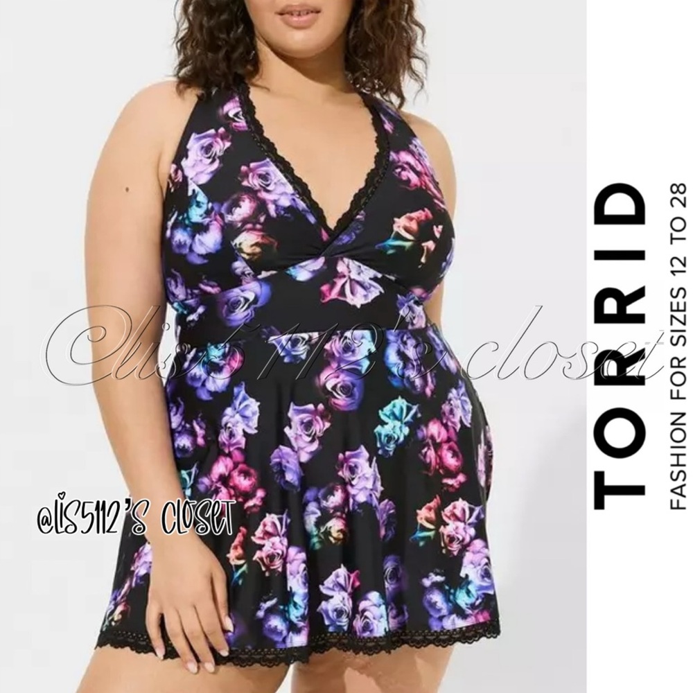 Torrid Black Rose Floral Wireless Mid Lace Trim Swim Dress Swimsuit 1X 14 16